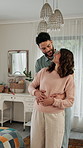 Couple, hug and happy for pregnancy in bedroom with holding hands, kiss and excited at house. People, man and pregnant woman with embrace, touch belly or support for prenatal development at apartment