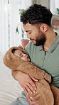 Asleep, father and baby in bedroom, smile and tired with cuddle, happiness and bonding together. Comfort, family and parent in home, growth and fatigue with love, dad and infant care with wellness