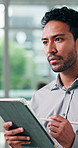Finance, tablet and thinking with man in office for planning, problem solving or research. App, idea and writing with happy accountant in business workplace for investment or wealth management