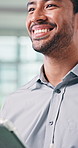 Finance, tablet and writing with funny man in office for planning, problem solving or research. App, idea and pen with accountant laughing in business workplace for investment or risk management