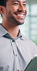 Finance, tablet and thinking with man laughing in office for online planning or research. App, inspiration and writing with funny accountant in business workplace for investment or risk management