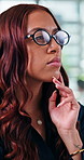 Planning, thinking and woman with solution in office for career mission, company future or vision. Glasses, person or reflection at workplace for business development, venture perspective or decision