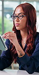 Woman, tablet and writing at office with review, notes and glasses for solution at investment company. Person, financial advisor or broker with tech, application and checklist with report at agency
