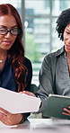 Business, tablet and women with document for advice, planning policy or training with mentor. Paperwork, tech or happy consultant with team in company for insurance review, help or coaching intern