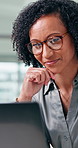 Business, woman and reading with laptop in office for research, finance report or bookkeeping. Female person, pc and online for budget review, financial audit and risk management at investment agency