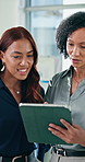 Business, tablet and women in office for advice, planning policy or training with mentor. Discussion, tech or happy consultant with team in company for insurance review, help or coaching intern