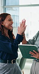 Happy women, business and high five with tablet for good news, teamwork or success in office. Female people, employees or colleagues with smile on technology for done deadline or project completion