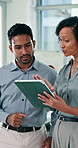 Business, tablet or people in office for help, advice or policy feedback with manager in meeting. Conversation, tech or consultant with team in company for insurance review, question or collaboration
