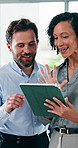 Business people, tablet and team in office for feedback, planning project or financial budget. Conversation, tech or happy consultant in company for investment discussion, explain steps or proposal