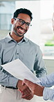 Happy, businessmen or handshake with documents for business deal, partnership or performance review. Male people, employees or colleagues shaking hands with paperwork for company agreement in office