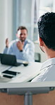 Man, presentation and board at office meeting for applause with team, discussion and review at insurance company. Person, speaker and goals with celebration, success and risk management at agency