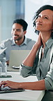 Neck pain, meeting or woman in office with laptop, burnout or joint inflammation in muscle injury. Tendinitis, bad posture or person in boardroom with tech, strain or fatigue in cervical sprain.


