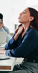 Shoulder pain, laptop and business woman in office with burnout, tired and overwork with stress. Computer, fatigue and employee coworking in company with poor posture, muscle strain or typing email