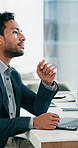 Finance, laptop and thinking with man in office for planning, problem solving or research. Computer, idea and typing with accountant at desk in business workplace for investment or risk management
