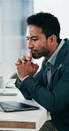 Thinking, man and laptop with solution in office for financial reporting, internal audit and insight. Serious, accountant and typing on tech for bookkeeping, problem solving and investment decision