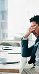 Headache, investor and man with stress, laptop for inflation and stock market crash. Person, financial loss and employee in office, pc or documents for audit fail, bankruptcy and frustrated for email