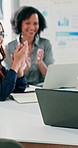Business people, team and celebration with applause at office, motivation or laptop at financial company. Men, women and happy for success with support, achievement or goals at investment agency