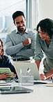 Laptop, meeting and teamwork with business people in office boardroom for planning or update. Collaboration, computer and discussion with happy employee group in workplace for project management