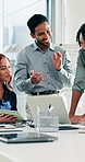 People, documents and applause at office meeting with team with laptop, goals and happy at insurance company. Person, speaker and success with problem solving, computer or risk management at agency