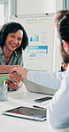 Happy, business people and meeting with handshake for partnership, financial agreement or deal. Group, employees or finance advisor shaking hands with team for onboarding contract or advice in office