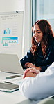 Finance, laptop and meeting with business woman in office boardroom to review data charts. Collaboration, computer and statistics graph with happy financial team in workplace for project management