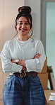 Woman, arms crossed and face with boxes for dropshipping, entrepreneurship and pride for logistics. Person, happy and portrait with package, supply chain and confidence at small business in Mexico