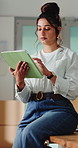 Woman, tablet and ecommerce logistics at warehouse for supply chain, confirm order and shipping. Small business, person and scroll on digital for stock checklist, online inventory and delivery agenda