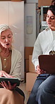 Ecommerce, people and clipboard in office with tablet, planning and collaboration for small business. Manager, women and conversation in workplace with tech, online store and checklist for logistics.
