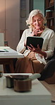 Logistics, tablet and thinking with woman in office for delivery, distribution or shipment tracking. App, planning and supply chain with mature courier in warehouse for shipping management or service