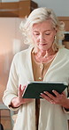 Woman, reading and tablet at ecommerce startup for supply chain, confirm order and shipping report. Mature entrepreneur, scroll and digital for stock checklist, inventory update and delivery schedule