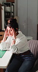Ecommerce, frustrated and woman with stress in startup, shipment delay or low stock for dropshipping. Upset, freight or person with product shortage for orders, inventory crisis or demand pressure