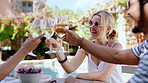 Holiday, friends or cheers with wine at resort for summer reunion, friendship celebration or bonding. Vacation, happy people or drinks toast at poolside for social gathering, gratitude or weekend fun