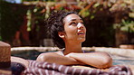 Thinking, woman and relax in swimming pool outdoor for vision, sightseeing view and holiday resort. Thoughts, female person and poolside with reflection, tourist daydreaming and vacation accommodation