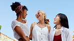 Friends, laugh and outdoor with summer holiday, sunglasses and bonding together for travel getaway. Low angle, people and happy with shades for vacation, social gathering or reunion on weekend break.