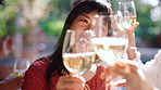 Alcohol, dance and toast with woman outdoor for friends bonding, reunion or social gathering. Cheers, music and wine with group of happy people in backyard for celebration, get together or hangout