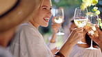 Celebration, cheers or people outdoor with wine, happiness or bonding together at reunion event. Bokeh, dance or friends in restaurant with toast, birthday party or having fun at social gathering.