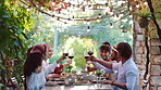 Smile, friends and cheers with red wine in backyard for support, celebration and lunch reunion. Happy, people and toast alcohol for gathering, hangout together and gratitude of Easter holiday in home
