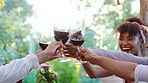 Hands, friends and cheers with red wine in backyard for support, celebration and lunch reunion. Smile, people and toast alcohol for gathering, hangout together and gratitude of Easter holiday in home