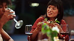 Lunch, food and serve with friends outdoor for bonding, reunion and summer vacation, eating and hangout. Support, celebration and holiday gathering with people on patio of home for party and help