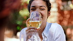 Wine, love and smile with couple on date for flirting, communication and trust. Happy, romantic getaway and support with woman and drink outdoor for connection, honeymoon and marriage commitment