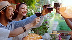 Happy, friends and toast with red wine in backyard for support, celebration and lunch reunion. Smile, people and cheers alcohol with food at gathering, series and gratitude of Easter holiday at house