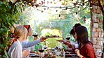 Lunch, food and wine with friends outdoor for bonding, toast and summer vacation, chat and hangout. Support, celebration and holiday gathering with people on patio of home for party, cheers and drink