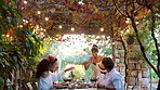 Lunch, friends and serving with food at garden, bonding and laughing together at social gathering. Men, women and share meal outdoor, celebration or funny joke with group at reunion party for hangout
