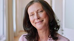 Wellness, face and woman in house with pride, positive attitude or chill on weekend break. Handheld, portrait or mature person in home with satisfaction, confidence or good mood in free time.