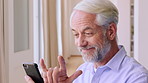 Phone, home and happy man with sign language for video call, deaf communication or online networking. Virtual conversation, mobile or mature person with hearing disability, love gesture or connection