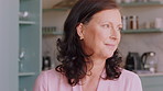 Thinking, laptop and relax with woman in home for online research, vacation plan and idea. Digital booking, travel agent solution and reflection with mature person in apartment for itinerary schedule