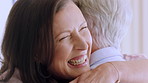 Love, hug and mature couple in apartment for reunion, connection and support with happy partner. Man, woman and embrace in home for care, bonding together and marriage for healthy relationship