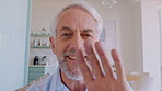 Old man, face and wave with video call in home with sign language, talk and smile for online communication. Senior person, pov and happy with virtual chat, contact and social media in retirement