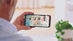Video call, home and dad with family on vacation for conversation, connection and talking. Wave, phone screen and mature man with daughters on summer holiday for peace sign, hello and communication