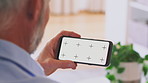 Man, hands and discussion with phone screen in home for video call, telehealth or communication. Male person, user or speaking with mobile smartphone display for virtual chat, app or network in house